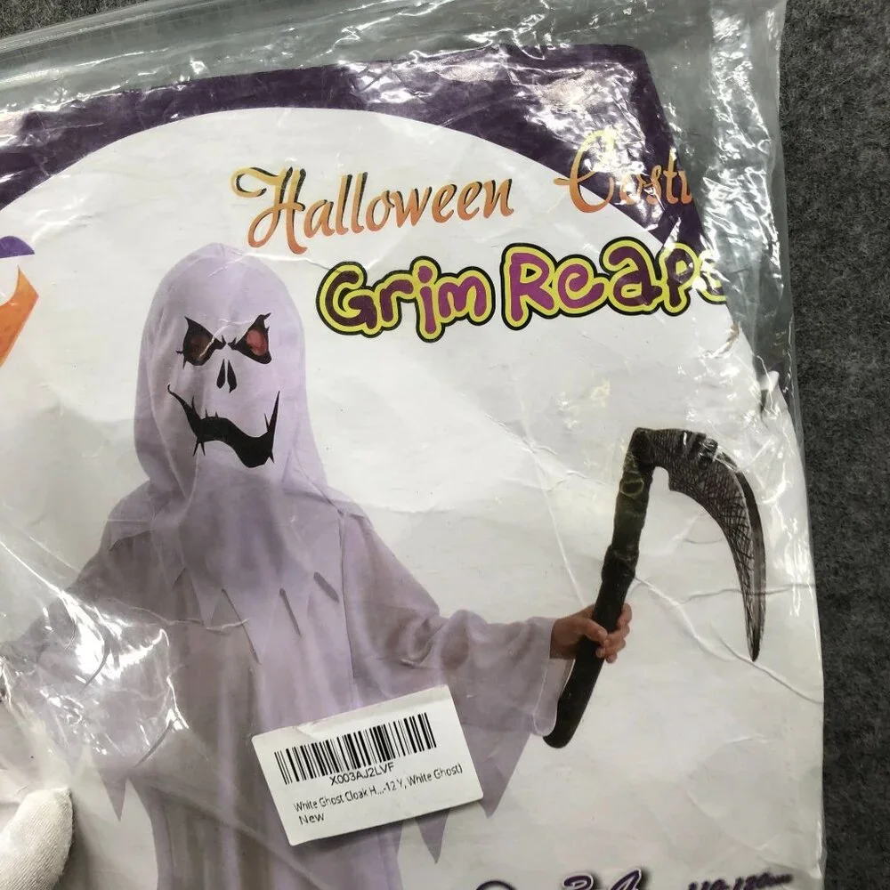 Youth 10-12 Grim Reaper Ghost Costume‎ Halloween White With Mask Boys Girls